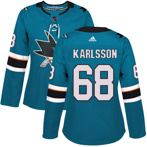 Adidas Sharks #68 Melker Karlsson Teal Home Authentic Women's Stitched NHL Jersey